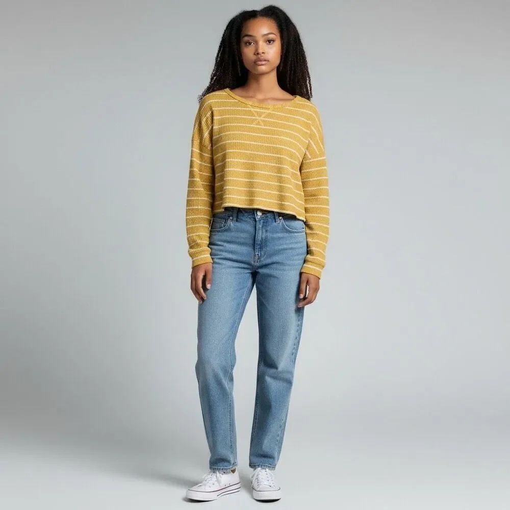 Charlotte Russe Yellow & White Striped Crop Top Long Sleeve Round Neck size L